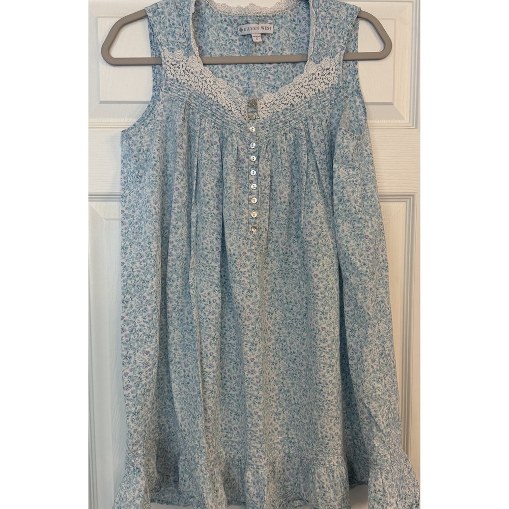 Eileen West Nightgown S Blue Short Floral Cottagecore Lace Feminine Ruffle Pleat